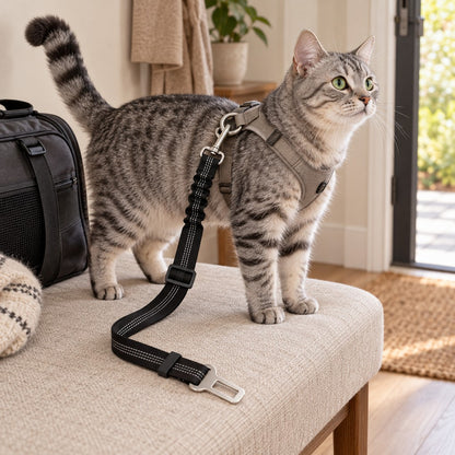 Tabby cat in a grey harness standing on a bench with the black strap clipped on