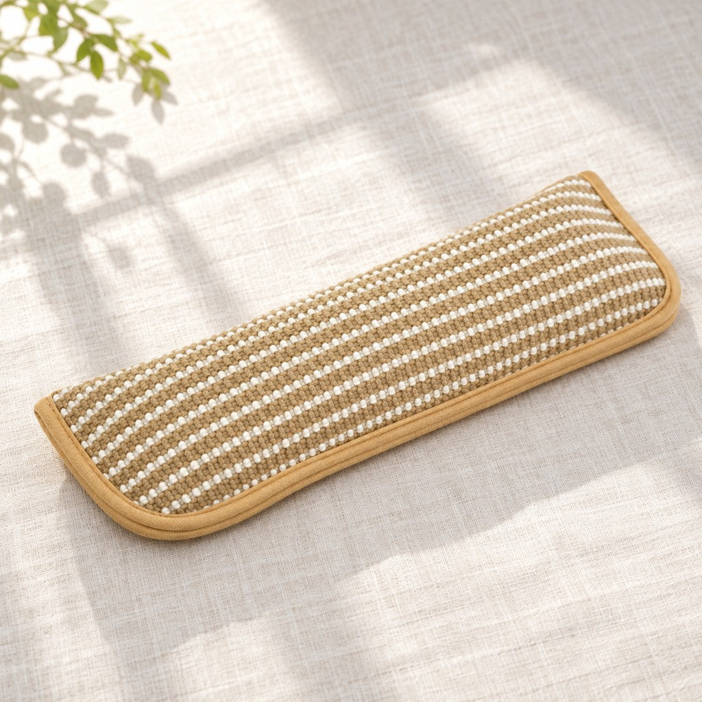 Long flat woven pillow with beige and cream stripes and tan fabric-bound edge on pale linen