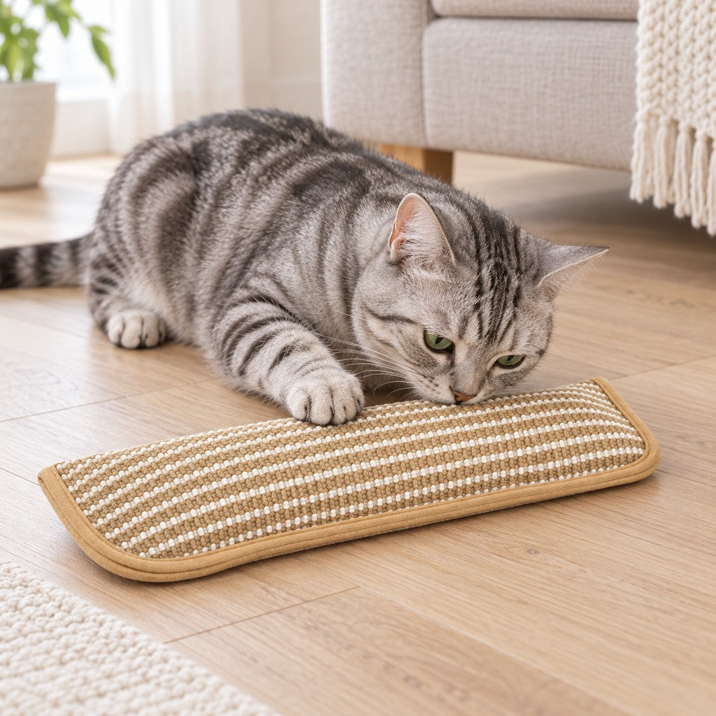Grey tabby cat sniffing the striped woven pillow on a wooden floor, one paw on it