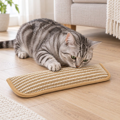 Grey tabby cat sniffing the striped woven pillow on a wooden floor, one paw on it