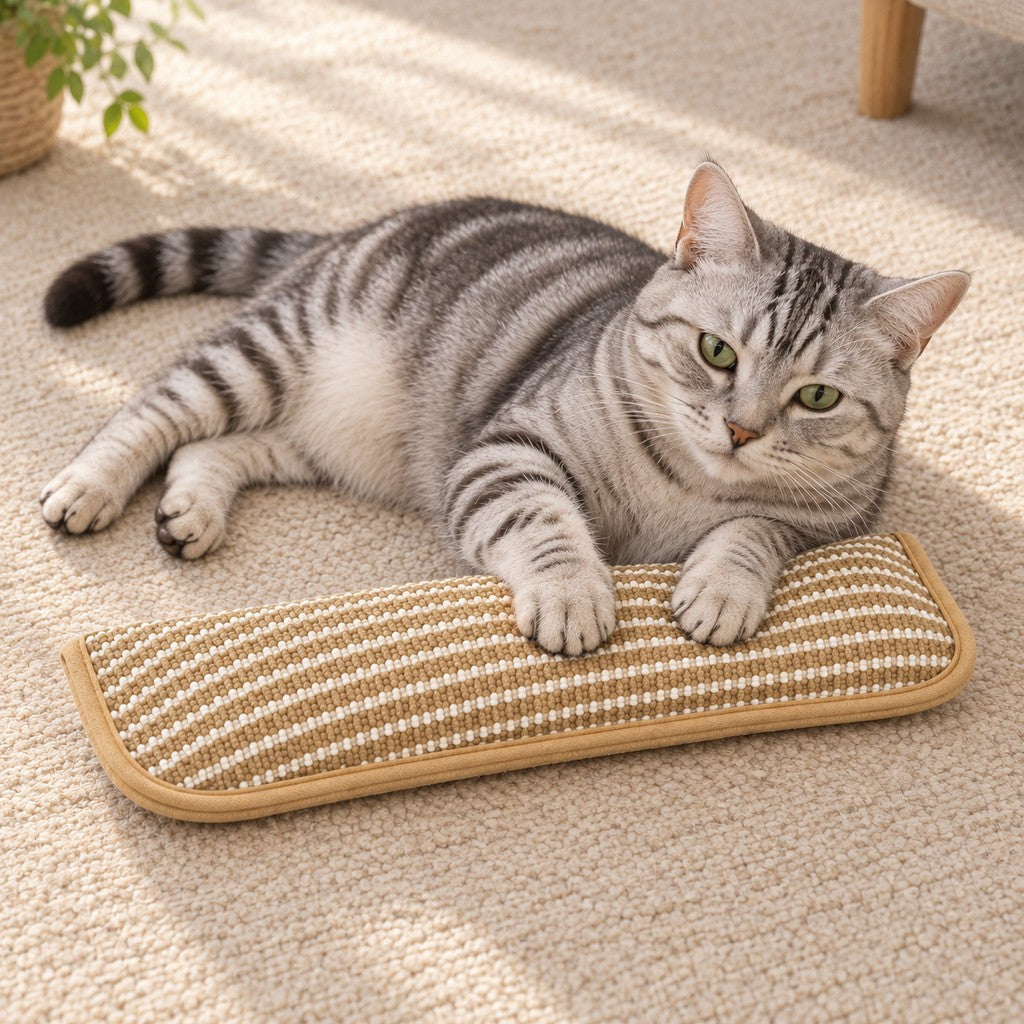 Grey tabby cat lying on a rug with both front paws resting on the striped pillow