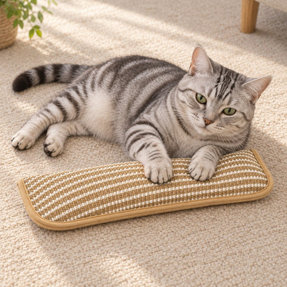 Grey tabby cat lying on a rug with both front paws resting on the striped pillow