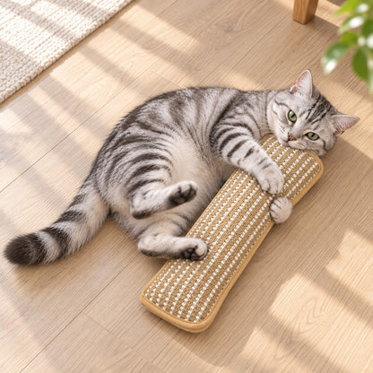 Grey tabby cat on its side hugging the striped pillow, kicking with its hind paws
