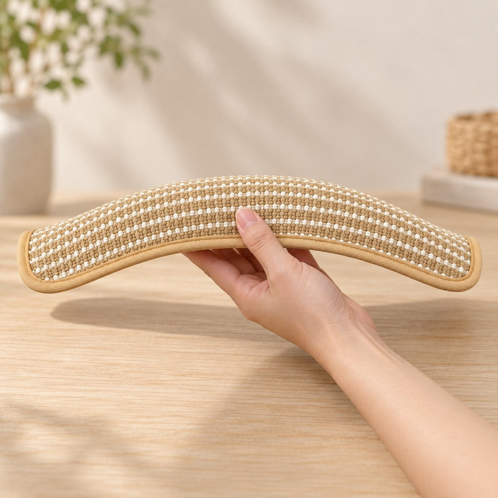 Hand bending the soft striped pillow into an arc, held above a wooden table