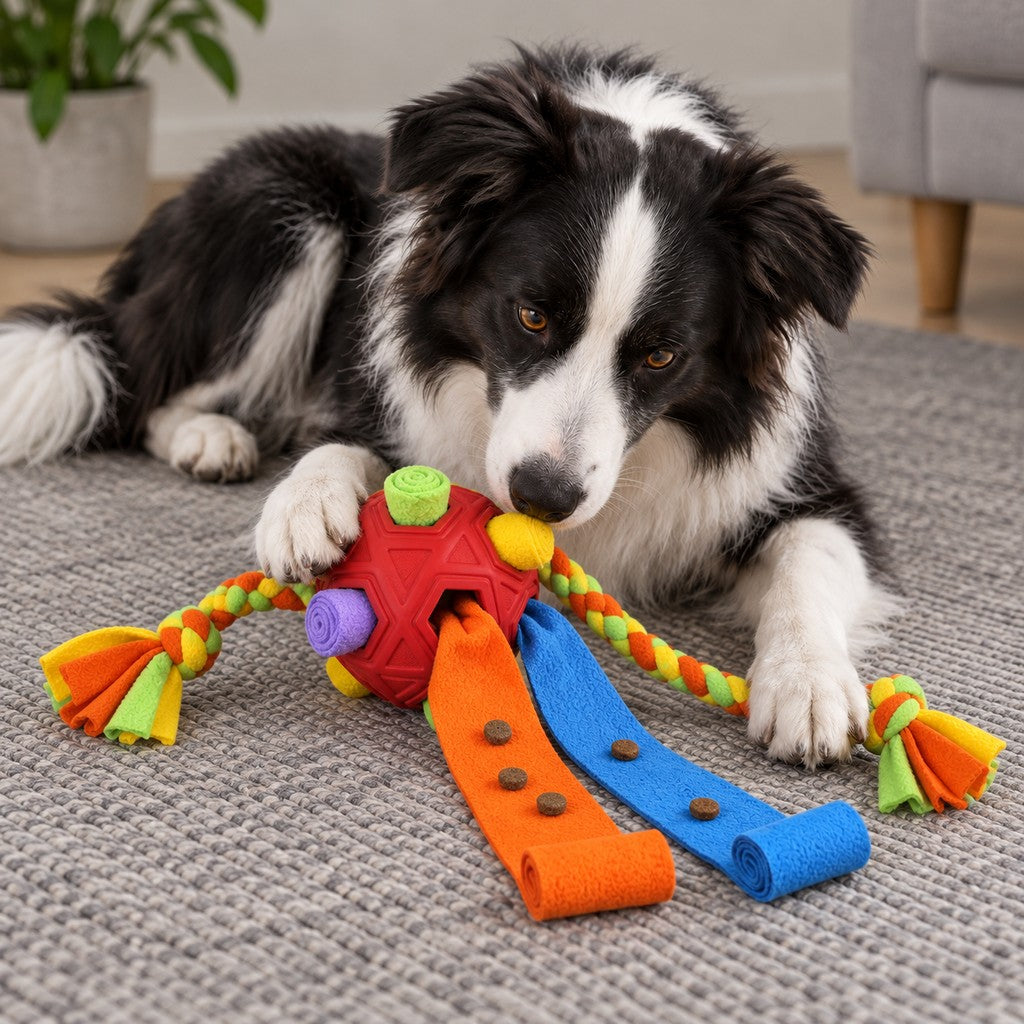 Border collie lying on a rug nosing the red snuffle ball, with kibble on fleece strips