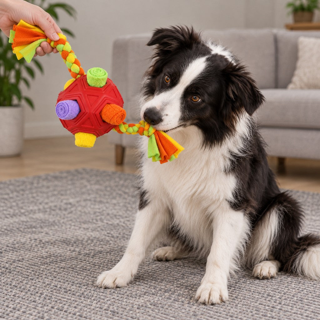 Dog tugging the braided fleece rope while its owner holds the tassel