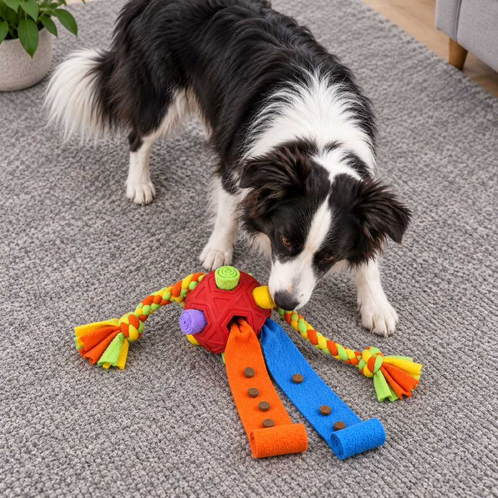 Border collie sniffing kibble along orange and blue fleece strips pulled from the red ball