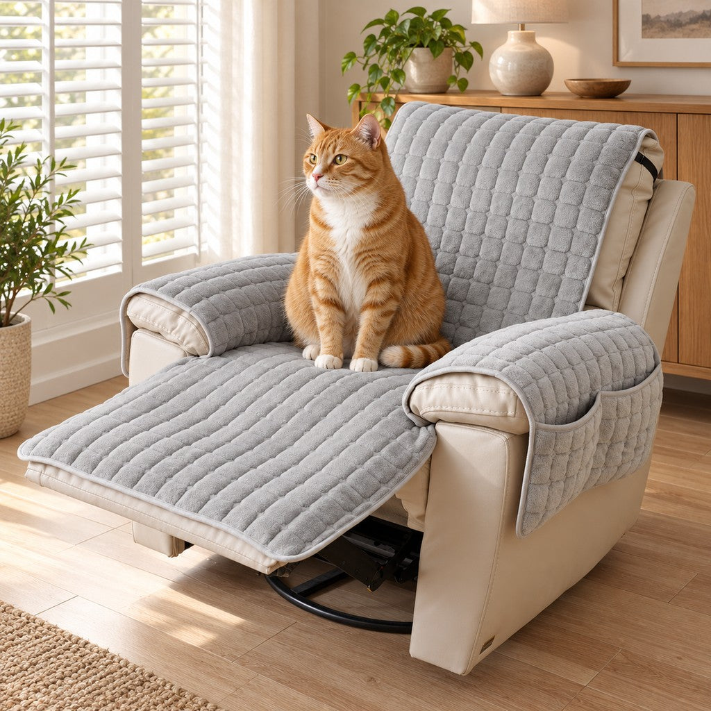 Ginger cat sitting upright on the grey quilted plush cover on a cream recliner