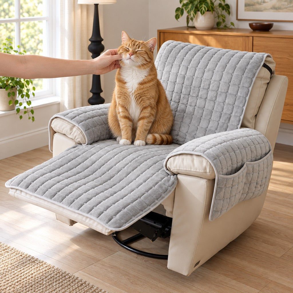 Ginger cat with eyes closed leaning into a stroking hand on the grey quilted cover