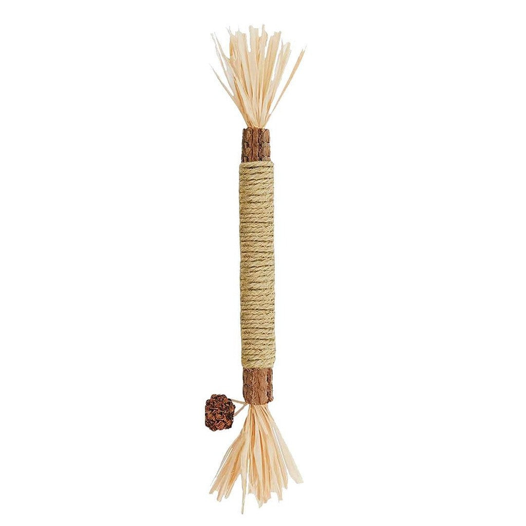 Single stick with bark ends, jute-wrapped middle, raffia tufts and a small brown bead on white