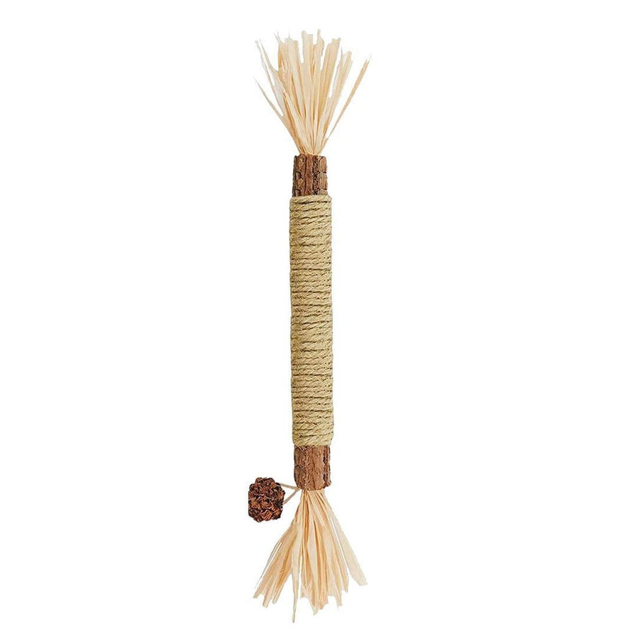 Single stick with bark ends, jute-wrapped middle, raffia tufts and a small brown bead on white