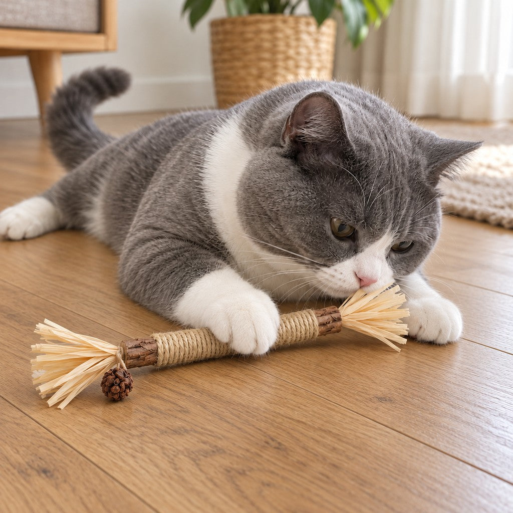 Cat gently sniffing the stick while resting a paw on it