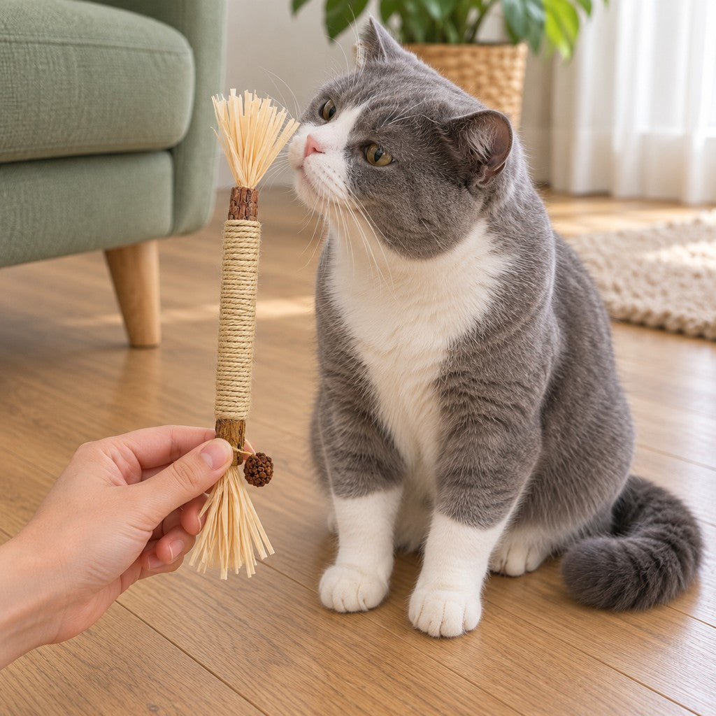 Hand offering the stick to a curious cat who sniffs it