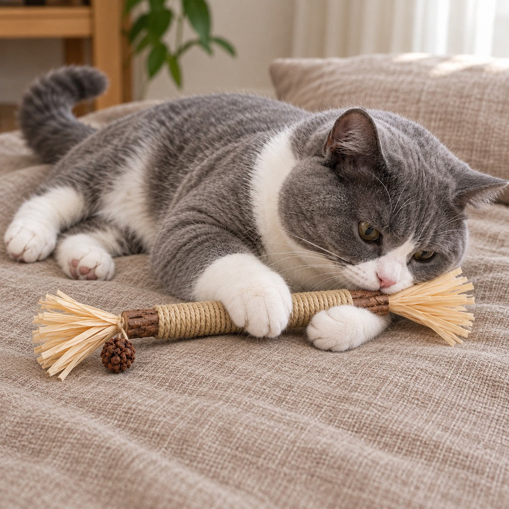 Cat hugging the stick with both front paws