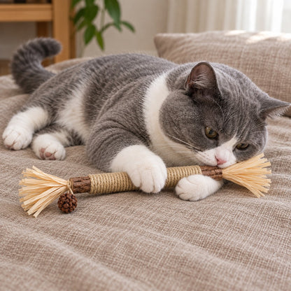 Cat hugging the stick with both front paws