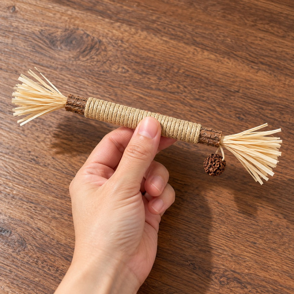 Hand gripping the middle of the stick, showing its length and tufts