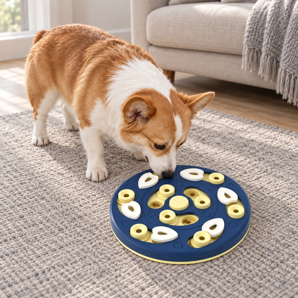Corgi searching for kibble on the round puzzle plate with its nose