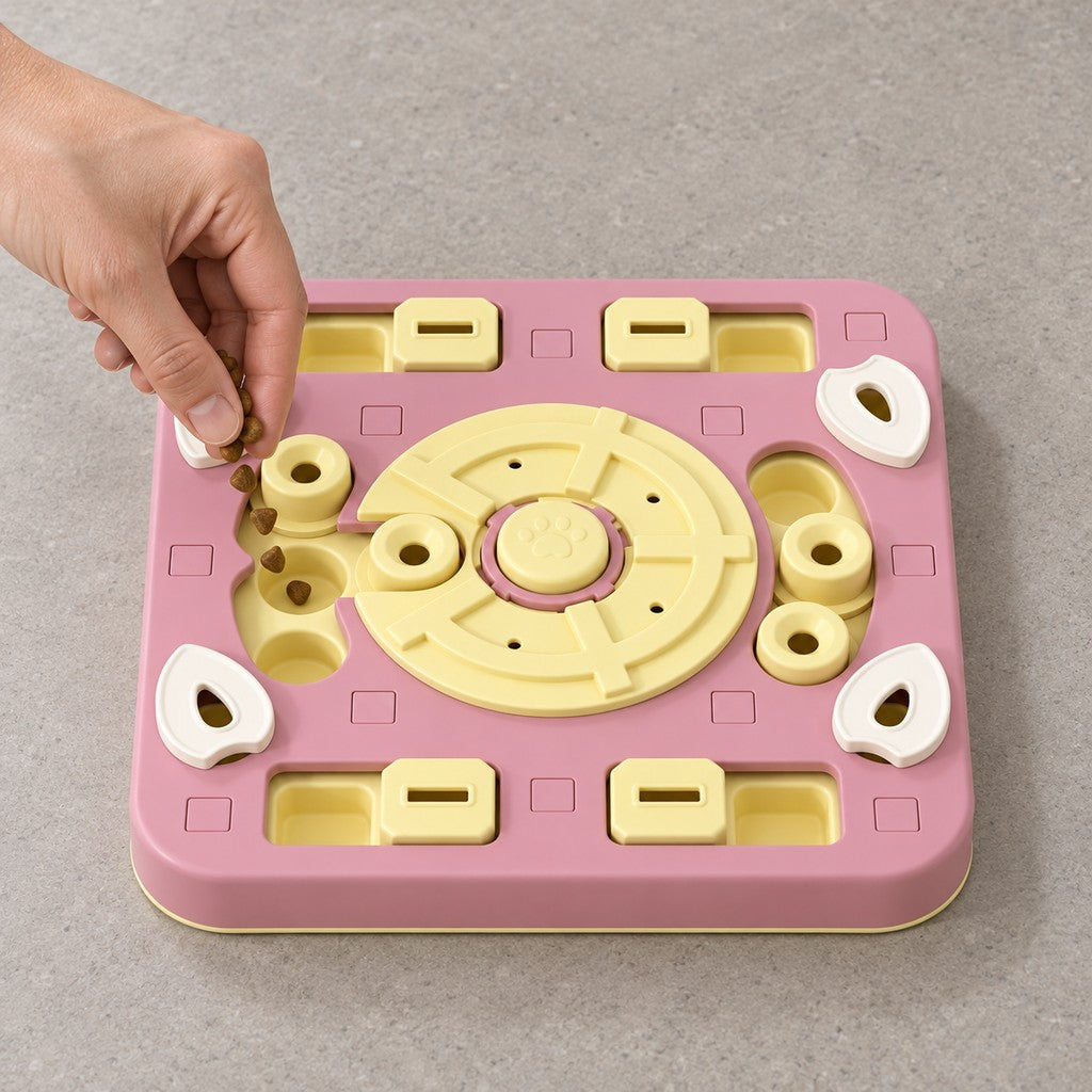 Hand filling the wells of the pink square puzzle plate with kibble