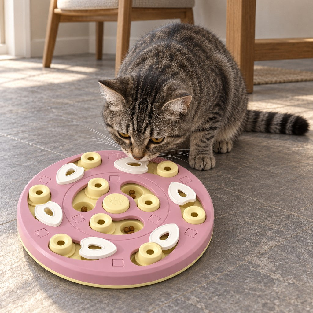 Tabby cat sniffing the pink round puzzle plate with kibble in its wells