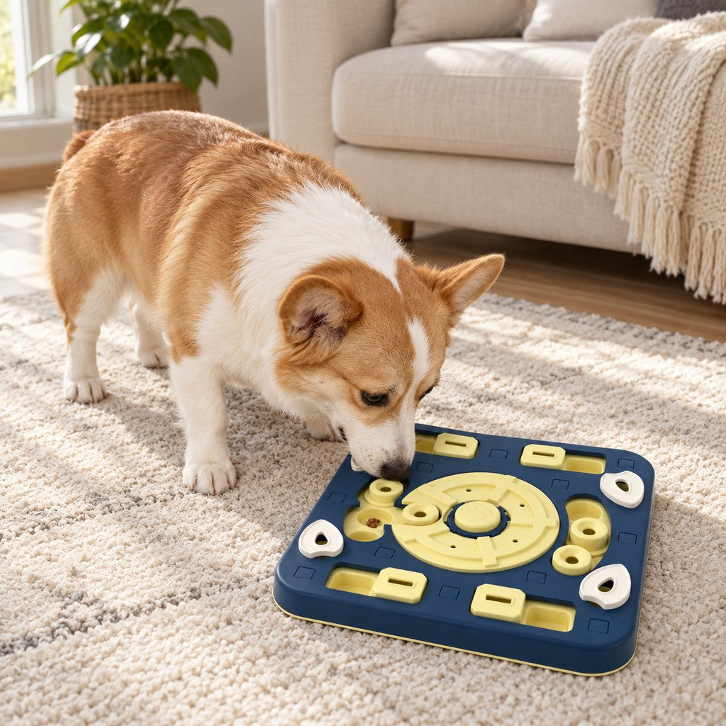 Corgi nosing the square puzzle plate to find the kibble