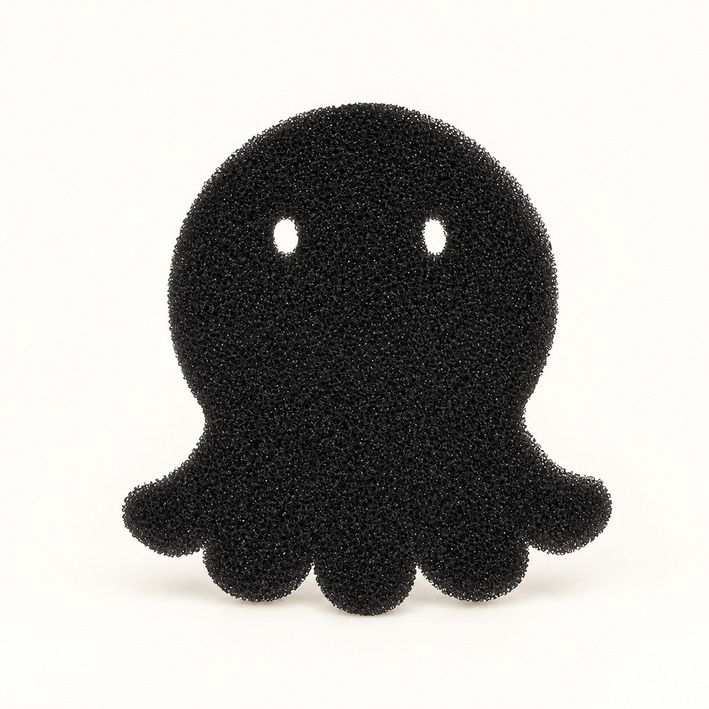 Black foam octopus laundry sponge with eye cut-outs, flat front view