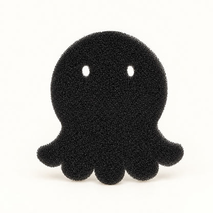 Black foam octopus laundry sponge with eye cut-outs, flat front view