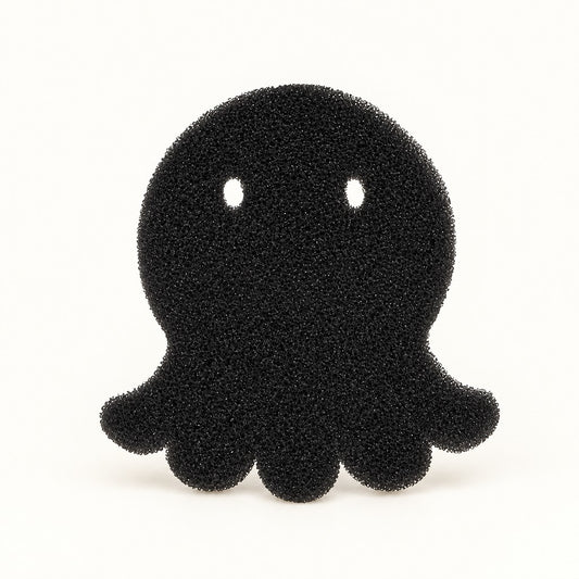Black foam octopus laundry sponge with eye cut-outs, flat front view
