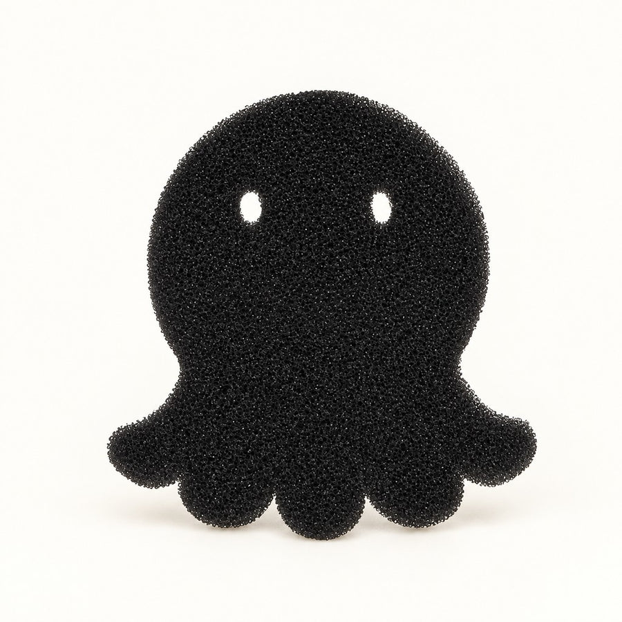 Black foam octopus laundry sponge with eye cut-outs, flat front view