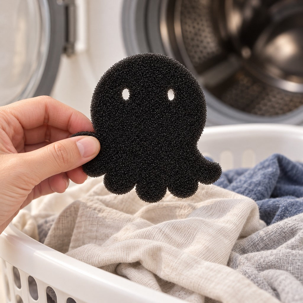 Hand lifting the foam octopus out of a basket of laundry