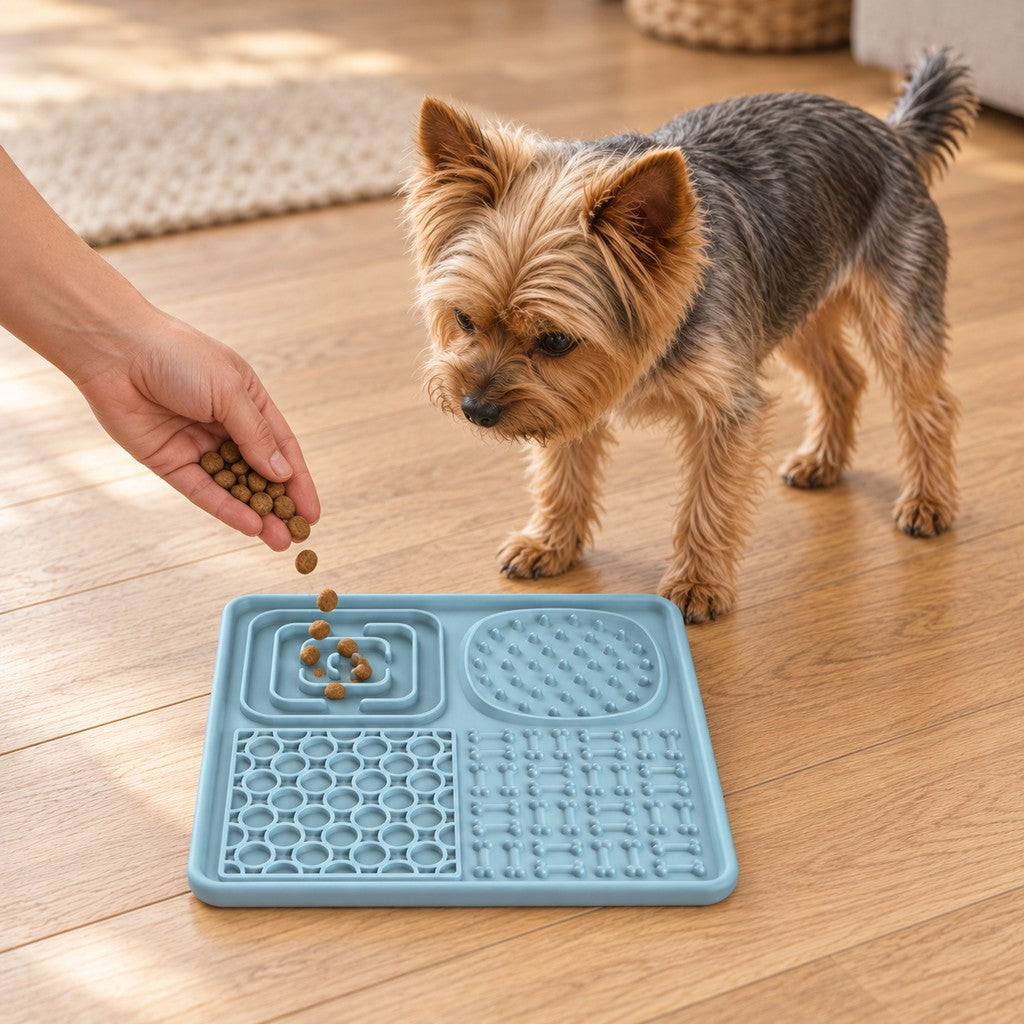 Hand dropping kibble into the maze zone of the lick mat while a Yorkshire terrier watches