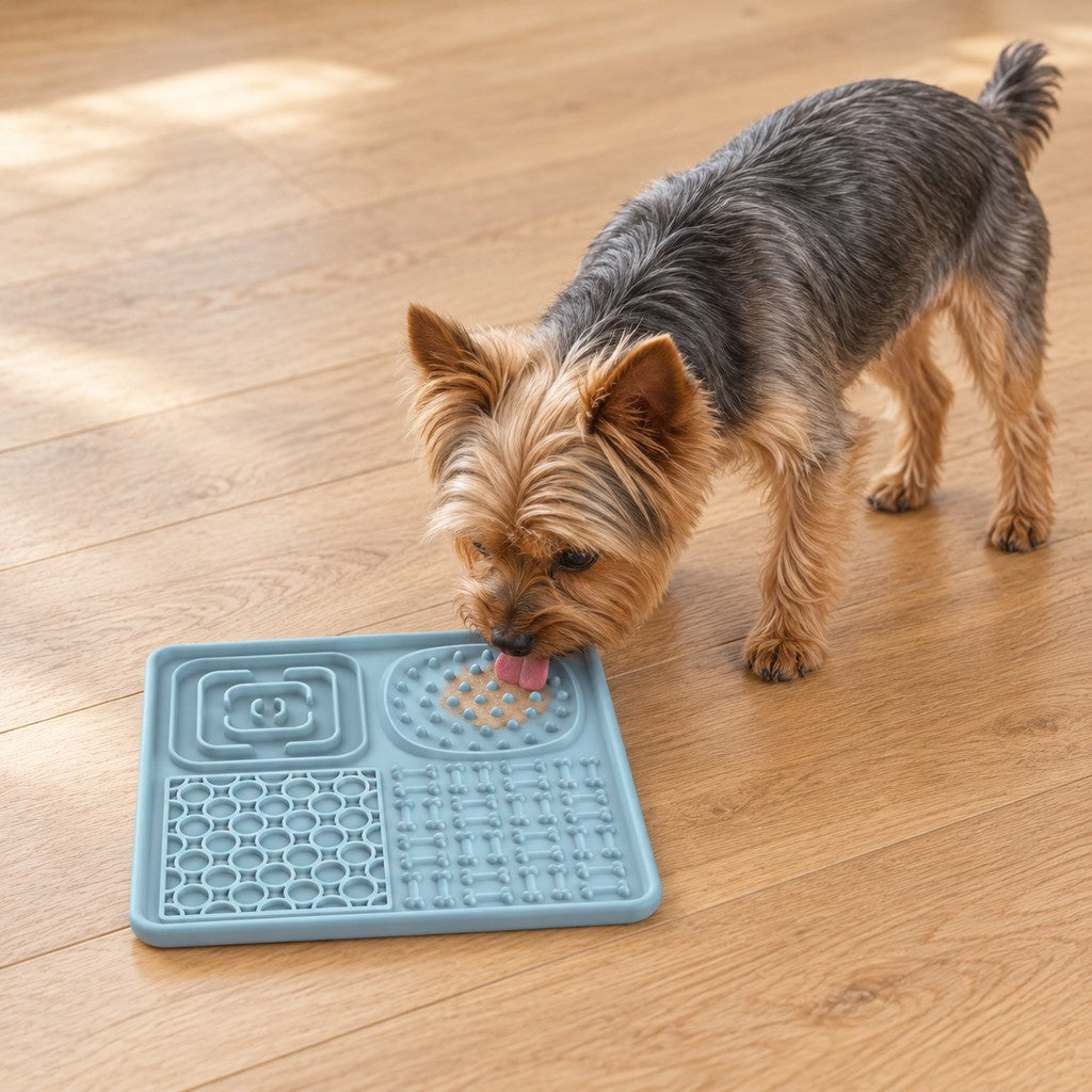 Yorkshire terrier licking food from the silicone lick mat