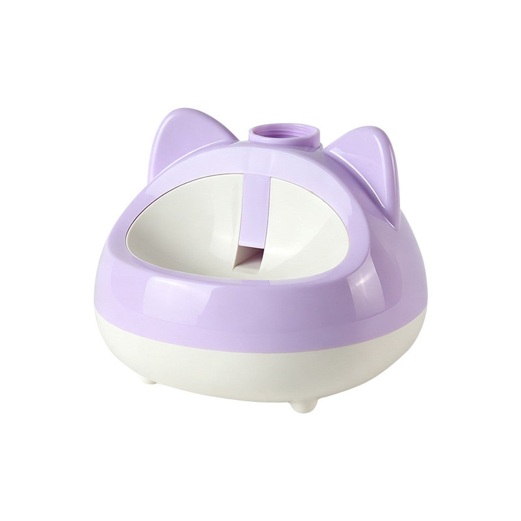 Lilac and white cat-ear water bowl with an open front and a bottle opening on top