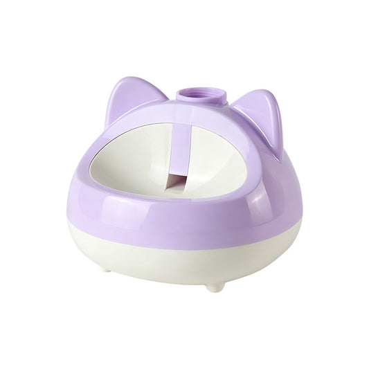 Lilac and white cat-ear water bowl with an open front and a bottle opening on top