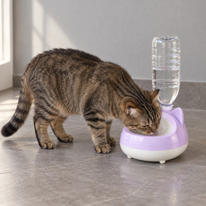 Brown tabby cat drinking from the lilac cat-ear dispenser with an upturned water bottle on top