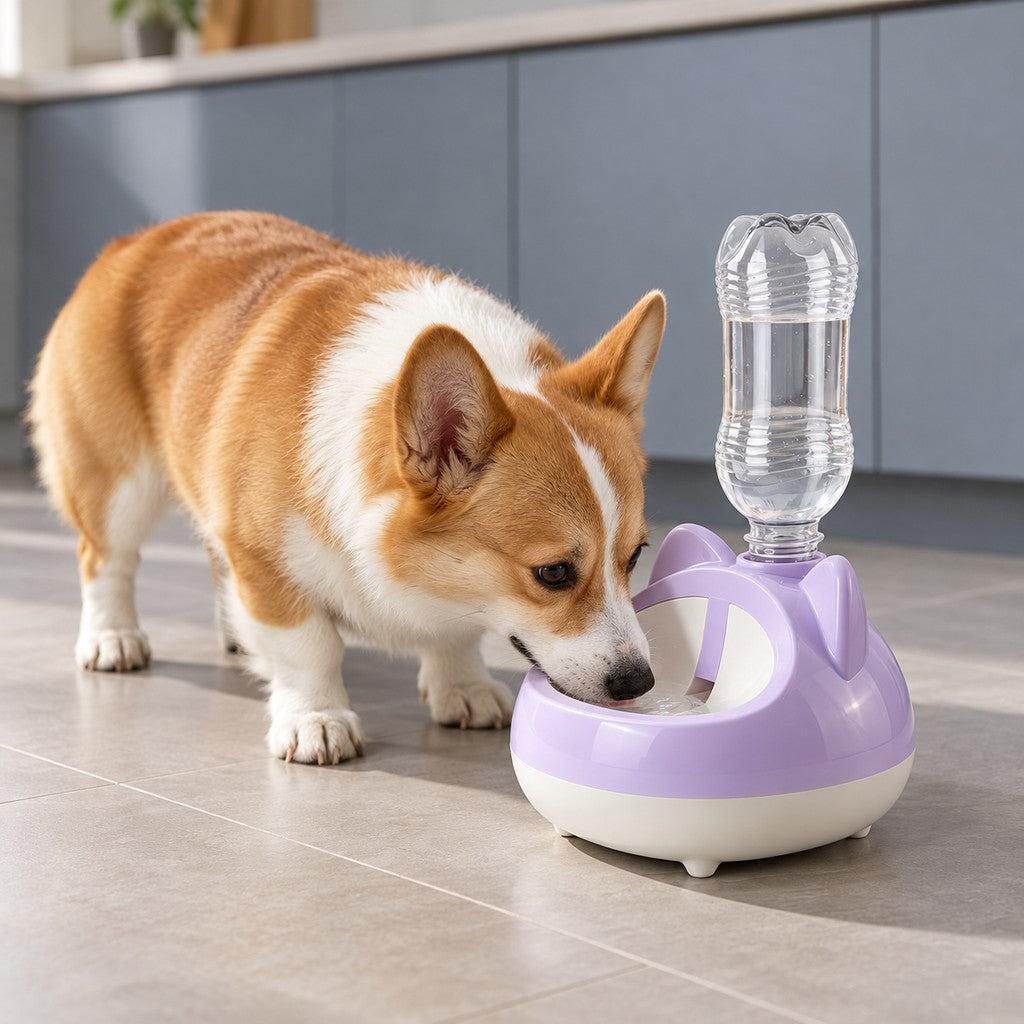 Corgi drinking from the lilac cat-ear dispenser with an upturned water bottle on top
