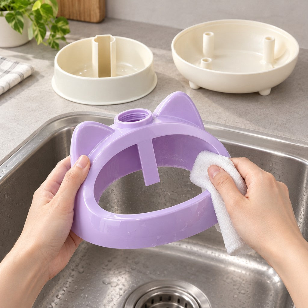 Hands wiping the lilac top part of the dispenser with a white cloth over a sink