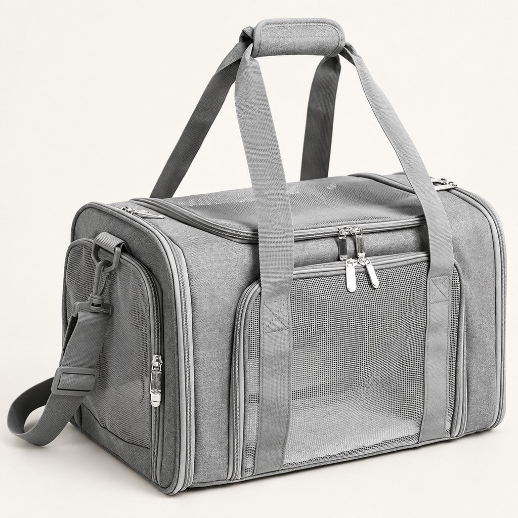 Grey duffel-style pet carrier bag with mesh side windows, two top handles and shoulder strap