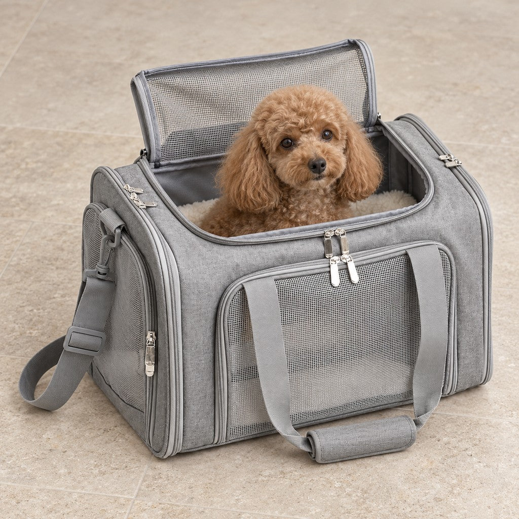 Calm poodle sitting inside the grey carrier, looking out of the open top flap