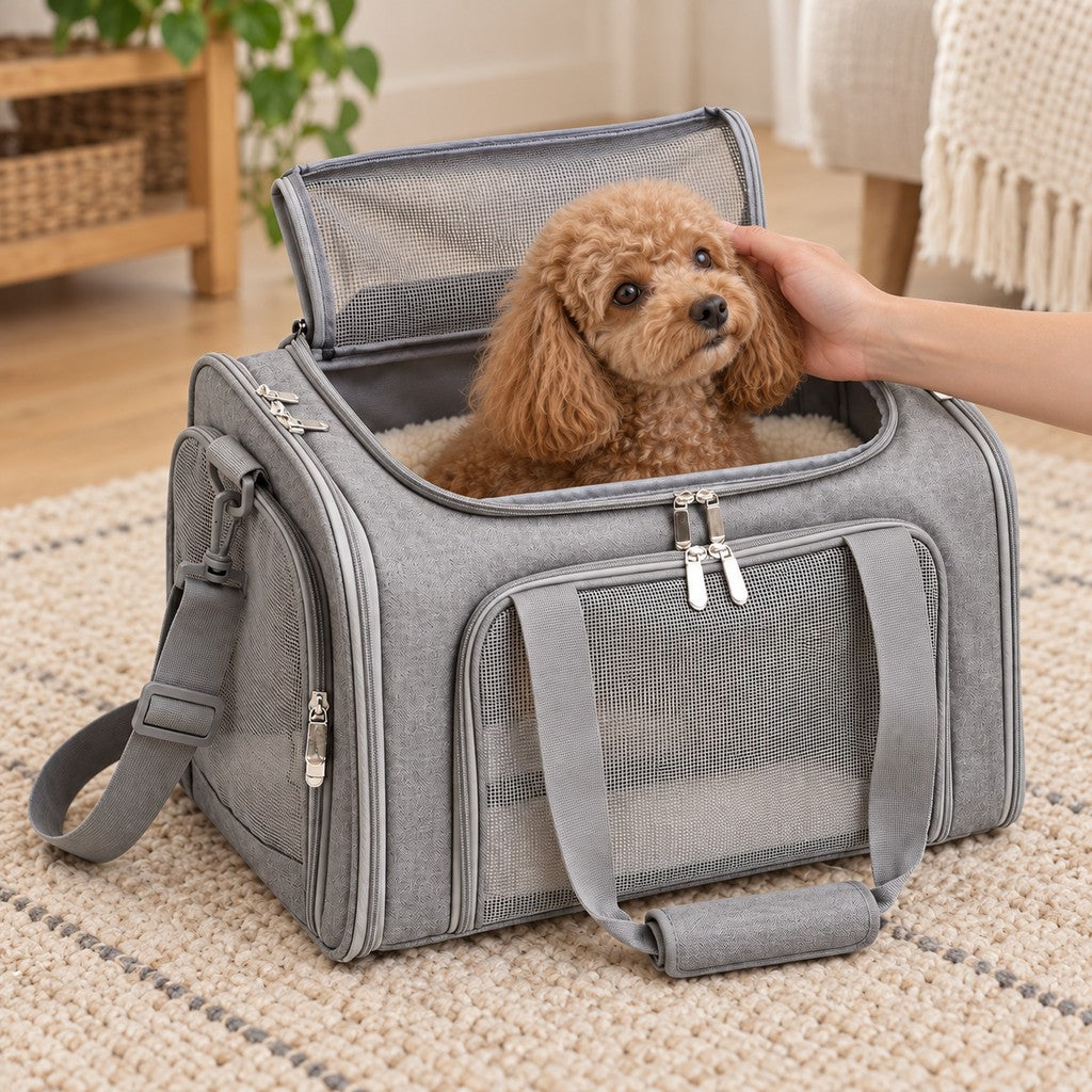 Gentle hand touching the poodle inside the pet carrier bag