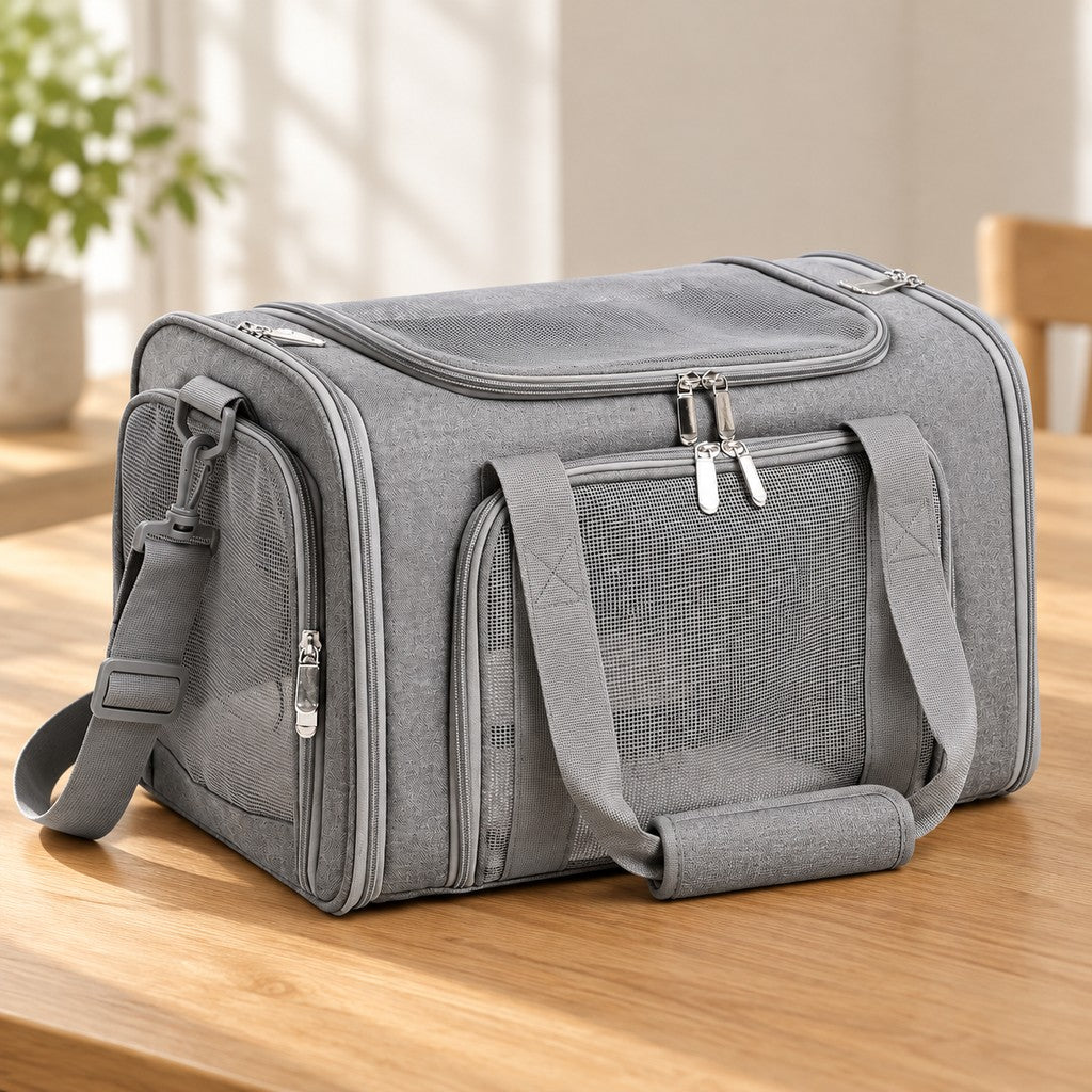 Grey carrier bag on a wooden table with its handles laid over the front mesh