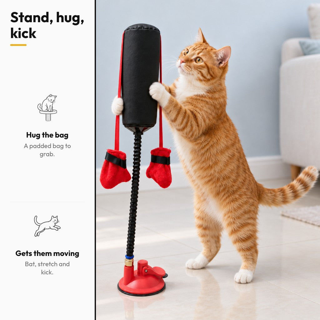 Punch Pal – Stand, hug, kick: cat hugging the bag, gloves hanging beside