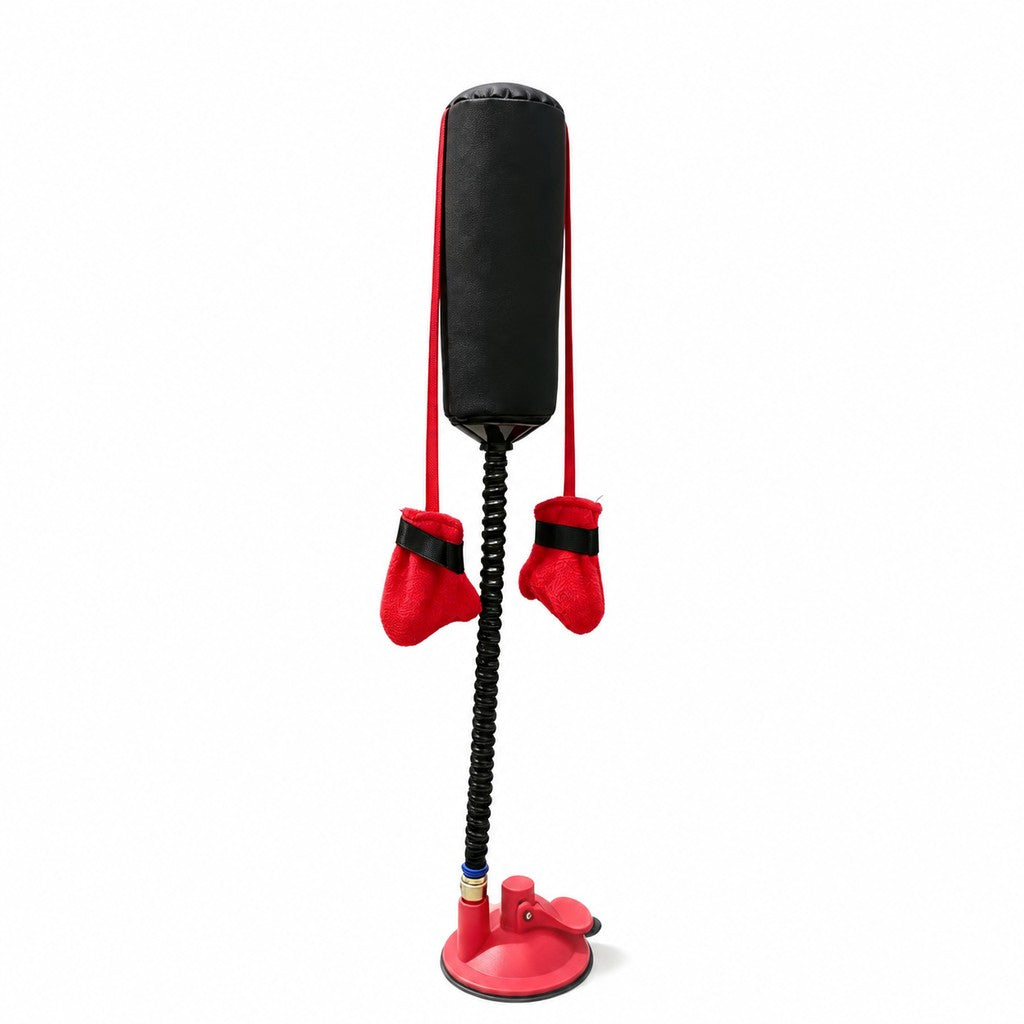 Black punching bag toy with two red plush gloves on a bendy stand and red base