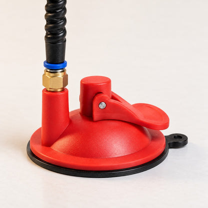 Red round base with flip-lever suction cup and corrugated stand joint