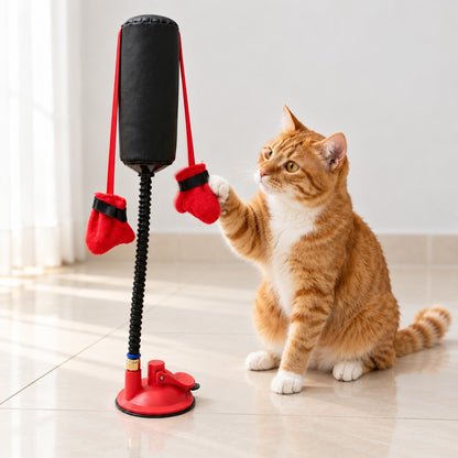 Cat tapping the hanging red glove of the punching bag toy with a paw