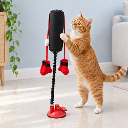Cat standing upright to play with the punching bag toy and its gloves