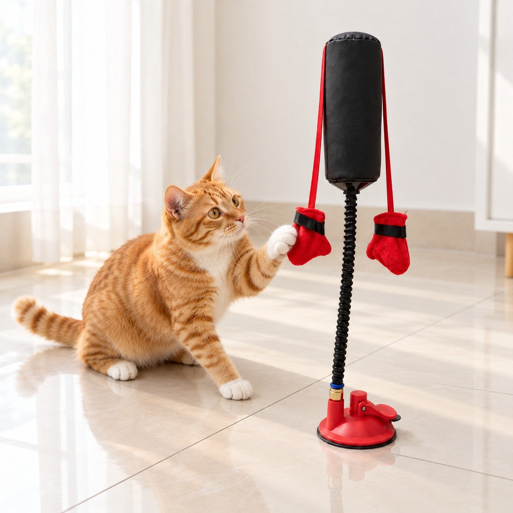 Ginger cat sitting on a tiled floor, reaching a paw toward a red glove