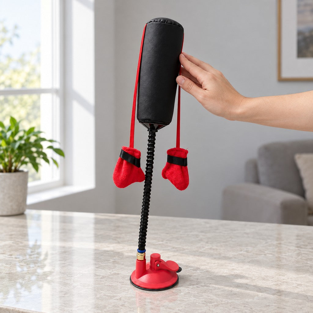 Hand resting against the black punching bag toy standing on a marble surface