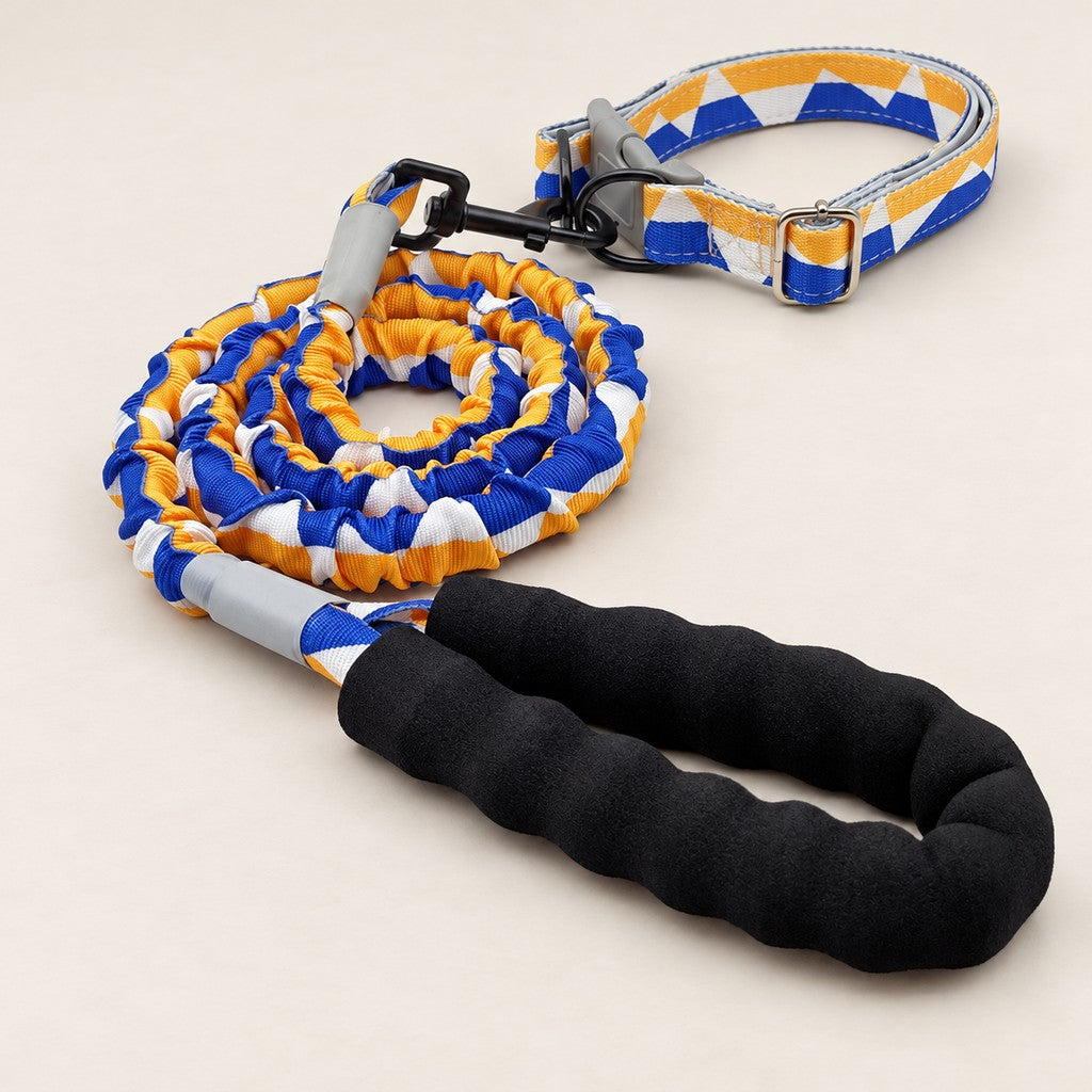 Geometric blue, yellow and white bungee lead with black grip loop and snap hook, shown with matching collar