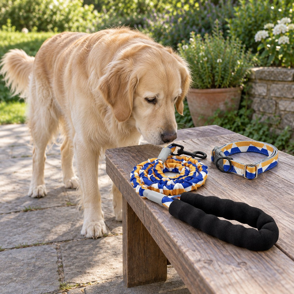 Golden retriever sniffing the patterned lead, with the matching collar beside it on a bench