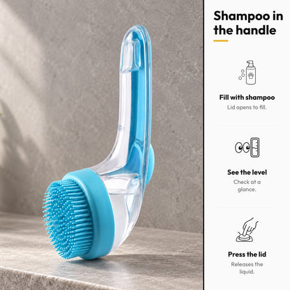 Suds & Scrub – Shampoo in the handle: blue bath brush on a stone ledge, fill, see the level, press the lid